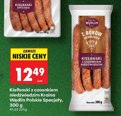 Kiełbaski z czosnkiem niedźwiedzim Kraina Wedlin Kral Specialy promocja w Biedronka