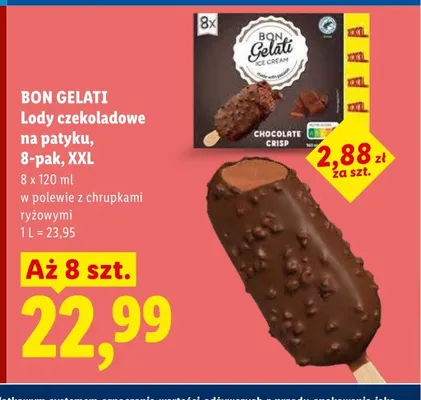 Lody czekoladowe na patyku BON GELATI w polewie z chrupkami ryżowymi 8-pak XXL promocja w Lidl