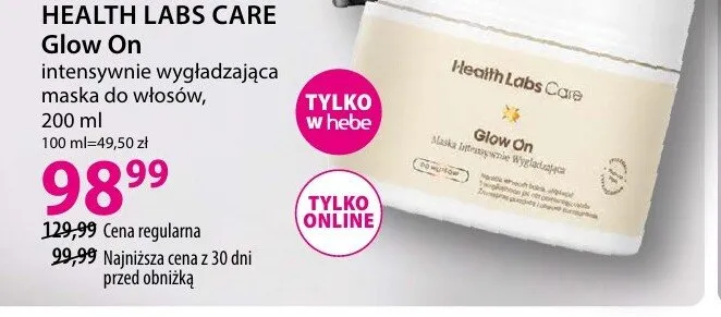 Maska do włosów intensywnie wygładzająca Health Labs Care Glow On promocja w Hebe