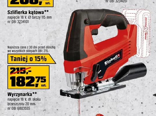 Wyrzynarka Einhell napięcie 18V, dł. skoku brzeszczotu 20mm promocja w OBI