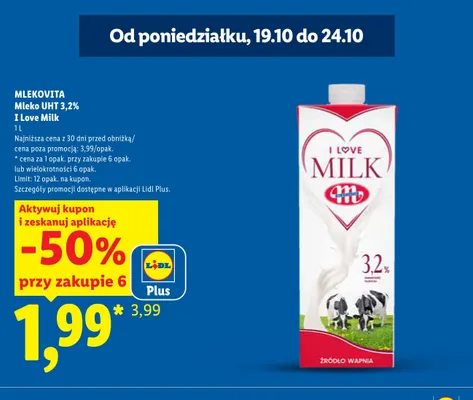 Mleko UHT I Love Milk Mlekovita 3,2% promocja w Lidl