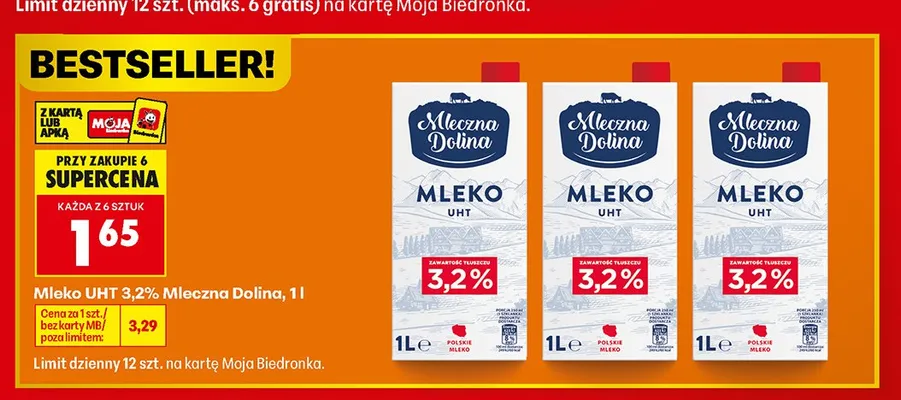 Mleko UHT 3,2% Mleczna Dolina promocja w Biedronka