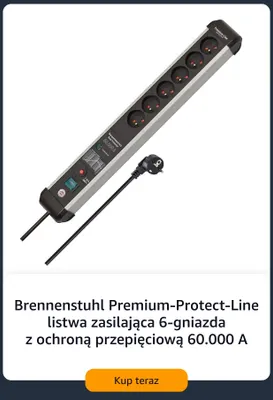 Brennenstuhl Premium-Protect-Line listwa zasilająca 6-gniazda z ochroną przepięciową 60,000A promocja w Amazon
