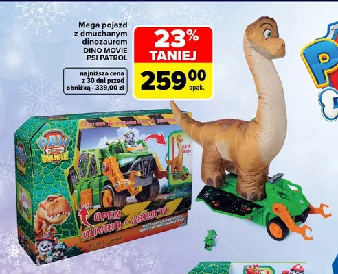 Mega pojazd z dmuchanym dinozaurem Dino Movie Psi Patrol promocja w Carrefour
