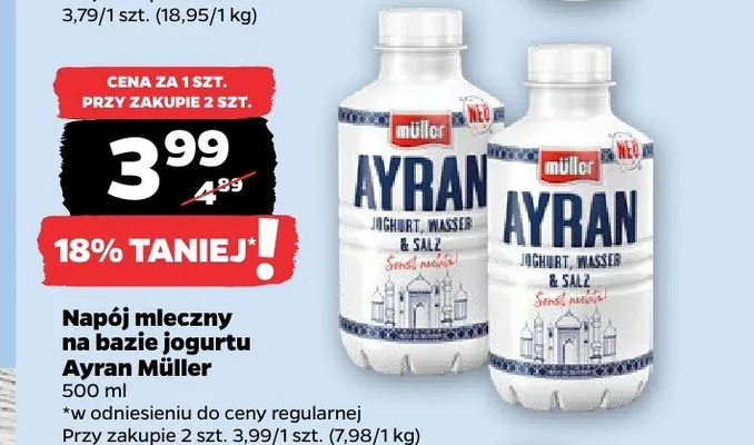 Napój mleczny na bazie jogurtu Ayran Müller promocja w Netto