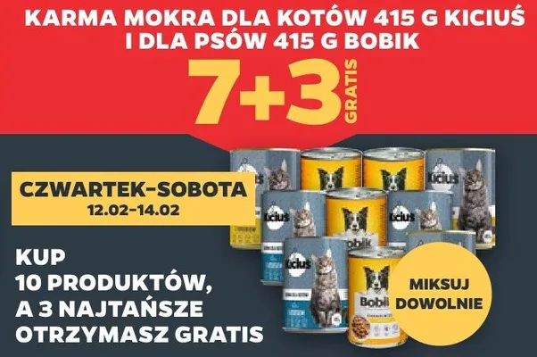 Karma dla kotów Kiciuś i dla psów Bobik 7+3 GRATIS promocja w Netto