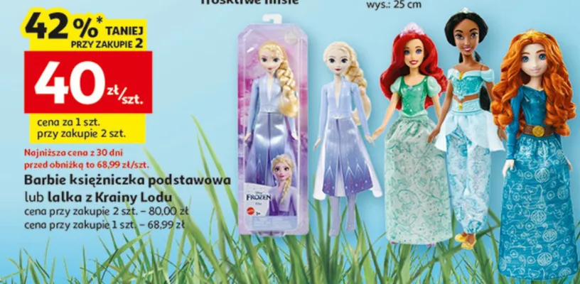 Barbie księżniczka podstawowa lub lalka z Krainy Lodu promocja w Auchan