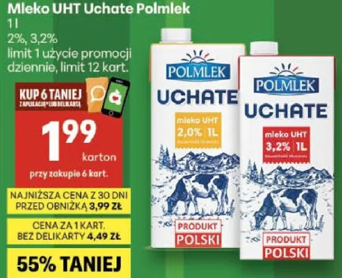 Mleko UHT Uchate Polmlek 2%, 3,2% promocja w Delikatesy Centrum