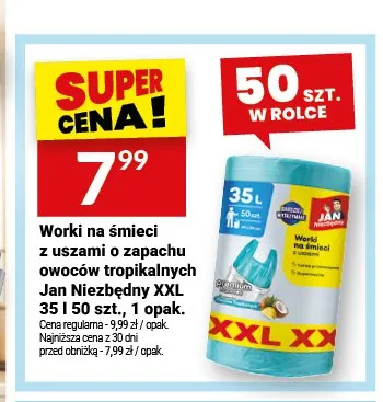 Worki na śmieci z uszami o zapachu owoców tropikalnych Jan Niezbędny XXL 35 l promocja w Twój Market