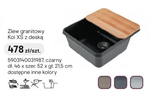 Zlew granitowy Koi XS z deską czarny dł. 46 x szer. 52 x gł. 21,5cm promocja w Castorama