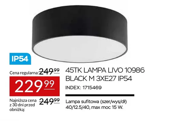 45TK Lampa Livo 10986 Black M 3xE27 IP54 promocja w Abra Meble