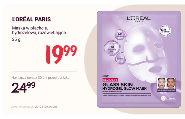 Maska w płachcie hydrożelowa rozświetlająca L'Oréal Paris promocja w Rossmann