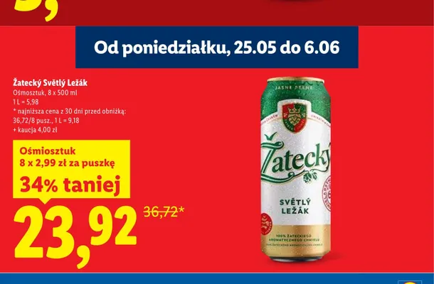 Piwo Žatecký Světlý Ležák 8-pak 500ml promocja w Lidl