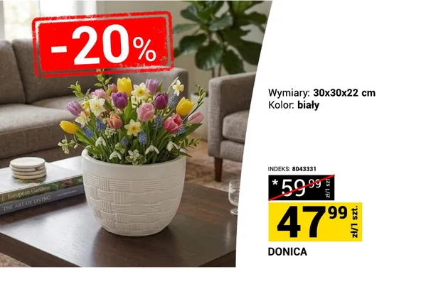 Donica biała 30x30x22cm promocja w Merkury Market