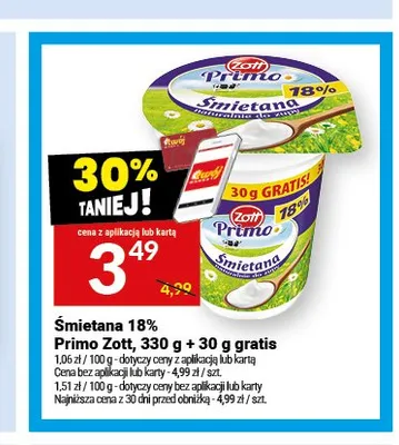 Śmietana 18% Primo Zott 330 g + 30 g gratis promocja w Twój Market