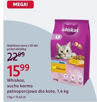 Sucha karma Whiskas pełnoporcjowa dla kota, 1,4 kg promocja w Rossmann