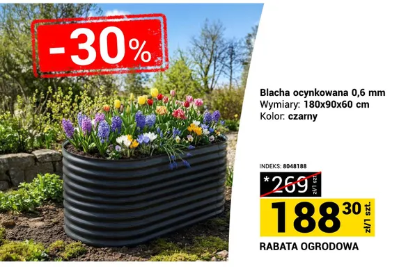 Blacha ocynkowana rabata ogrodowa 0,6mm 180x90x60cm czarna promocja w Merkury Market