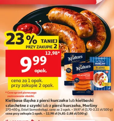 Kiełbasa śląska z piersi kurczaka lub kiełbaski szlachetne z szynki lub z piersi kurczaka Morliny promocja w Auchan