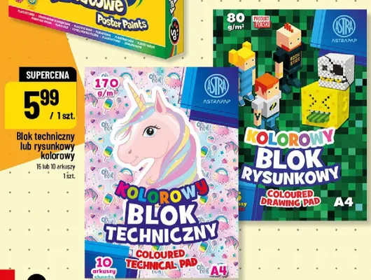 Blok techniczny kolorowy Astra A4 10 arkuszy promocja w POLOmarket