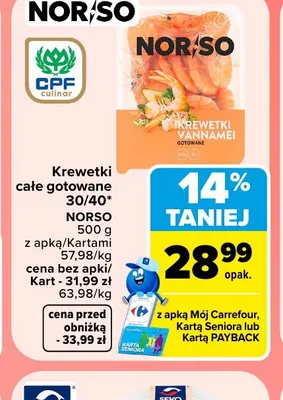 Krewetki całe gotowane Vannamei NORSO promocja w Carrefour