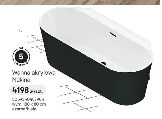 Wanna akrylowa GoodHome Nakina 180x80 cm czarna/biała promocja w Castorama