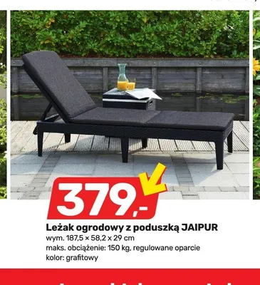 Leżak ogrodowy z poduszką JAIPUR wym. 187,5x58,2x29cm maks. obciążenie 150kg regulowane oparcie grafitowy promocja w Bricomarche