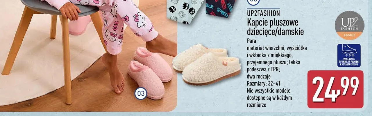 Kapcie pluszowe dziecięce/damskie UP2FASHION, para materiał wierzchni, wyściółka i wkładka z miękkiego, przyjemnego pluszu, lekka podeszwa z TPR, dwa rodzaje, rozmiary 32-41 promocja w Aldi
