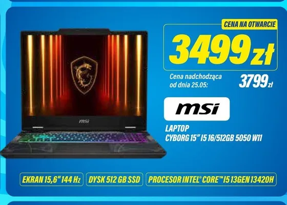 Laptop msi CYBORG 15" I5 16/512GB 5050 W11 Ekran 15,6" 144Hz Dysk 512 GB SSD Procesor Intel Core i5 13gen 13420H promocja w RTV EURO AGD