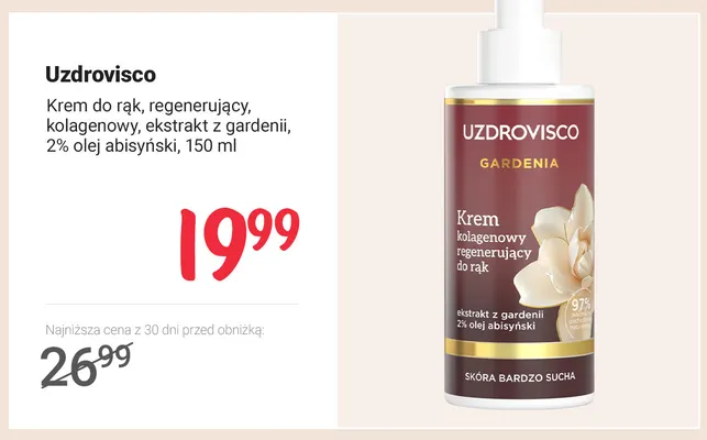 Krem do rąk regenerujący kolagenowy ekstrakt z gardenii 2% olej abisyński Uzdrovisco promocja w Rossmann