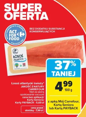 Łosoś atlantycki świeży jakość z natury filet ze skórą opakowanie vacuum promocja w Carrefour