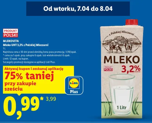 Mleko UHT 3,2% z Polskiej Mleczarni promocja w Lidl