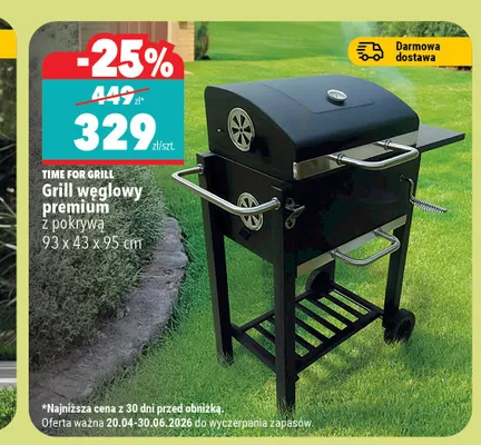 Grill węglowy premium z pokrywą TIME FOR GRILL 93x43x95cm promocja w Biedronka Home