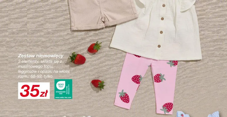 Zestaw niemowlęcy 3 elementy, składa się z muślinowego topu, legginsów i opaski na włosy promocja w KiK