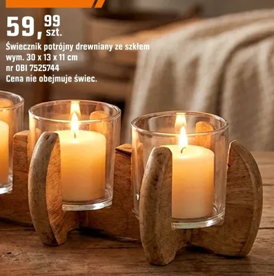 Świecznik potrójny drewniany ze szkłem promocja w OBI