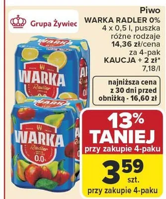 Piwo bezalkoholowe Warka Radler 0% promocja w Carrefour