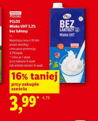 Mleko UHT 3,2% bez laktozy Pilos promocja w Lidl
