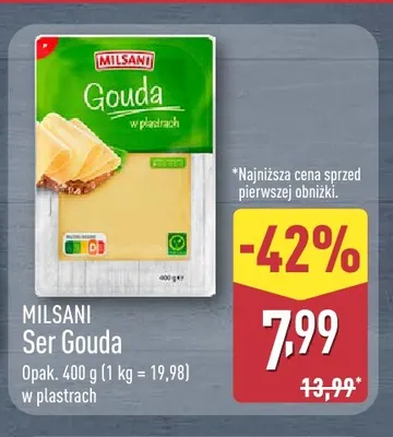 Ser gouda w plastrach Milsani promocja w Aldi