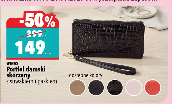 Portfel damski skórzany WINGS z suwakiem i paskiem promocja w Biedronka Home