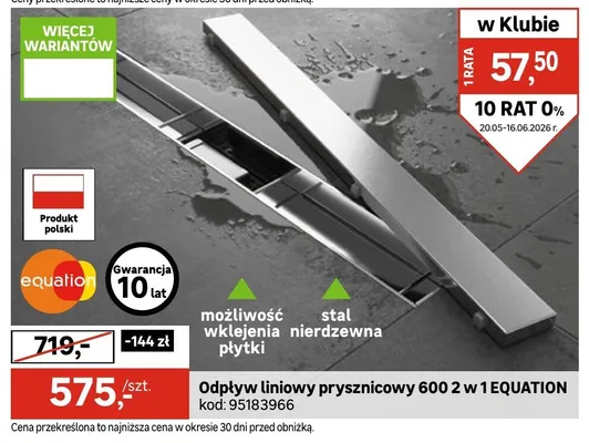 Odpływ liniowy prysznicowy 600 2 w 1 EQUATION promocja w Leroy Merlin