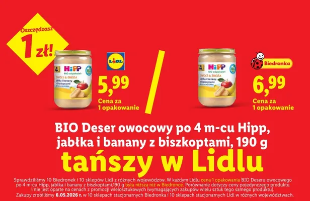 BIO Deser owocowy po 4m-cu jabłka i banany z biszkoptami Hipp promocja w Lidl