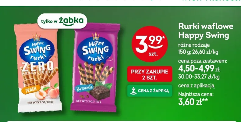 Rurki waflowe Happy Swing Zero Peach promocja w Żabka