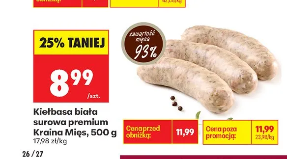 Kiełbasa biała surowa premium Kraina Mięs promocja w Biedronka