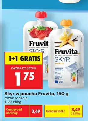 Jogurt typu islandzkiego Skyr w pouchu truskawka Fruvita promocja w Biedronka