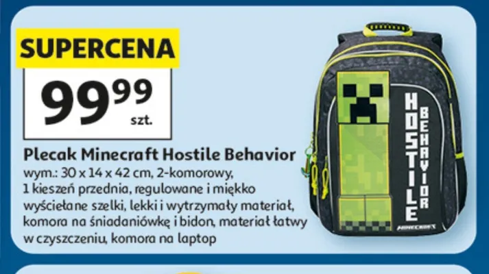 Plecak Minecraft Hostile Behavior 30x14x42cm promocja w Auchan