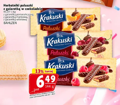 Herbatniki paluszki z galaretką malinową w czekoladzie Krakuski promocja w Prim Market