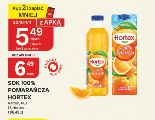 Sok pomarańcza karton Hortex 100% promocja w Chorten