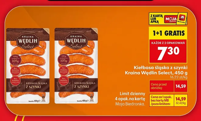 Kiełbasa śląska z szynki Kraina Wędlin Select promocja w Biedronka