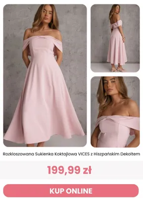 Sukienka koktajlowa rozkloszowana Renee Vices z hiszpańskim dekoltem promocja w Renee
