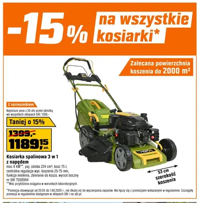 Kosiarka spalinowa 3 w 1 z napędem Hortmasz moc 6 KM poj. silnika 224 cm3 kosz 75l szerokość koszenia 53cm promocja w OBI