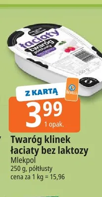 Twaróg klinek Łaciaty bez laktozy półtłusty Mlekpol promocja w Leclerc